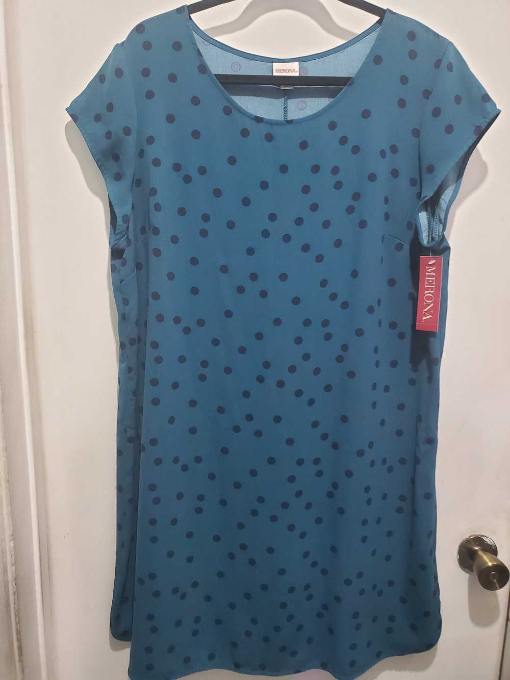 Merona Teal Navy Polka Dot above Knee length Shift dress.